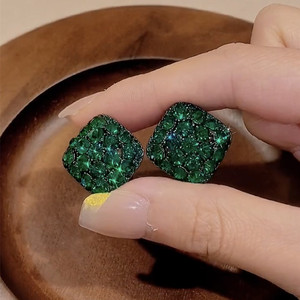 绿色满钻水晶方形耳钉女韩国气质复古高级感耳饰精致时尚银针耳环