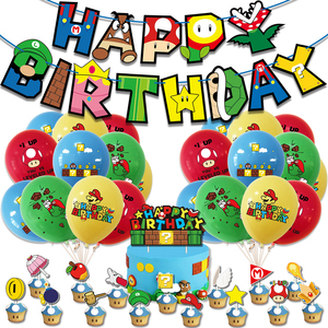 超级玛丽马里奥Mario主题生日派对装饰字母拉旗蛋糕插牌气球布置