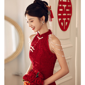 旗袍敬酒服新娘小个子订婚礼服酒红色中式结婚当天便装回门改良女