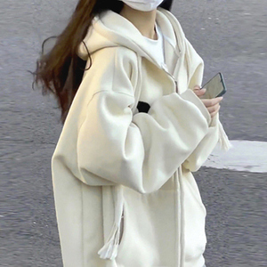 杏色拉链开衫卫衣女春秋季2022新款宽松中长款韩版超火ins潮上衣