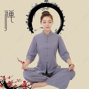 定制寺庙拜佛衣服女禅意中国风棉麻套装打坐居士服禅服佛系修行服