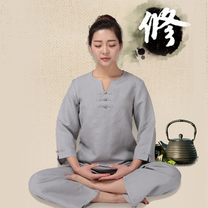 棉麻素衣蝉服女中国风打坐拜佛居士服复古禅意中式盘扣茶人服女夏