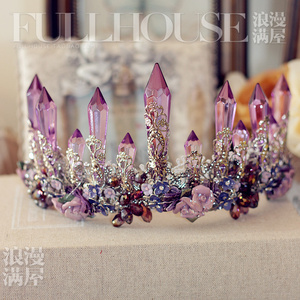 ETE紫色水晶巴洛克欧式大皇冠新娘头饰耳环套装晚宴会礼服配饰品
