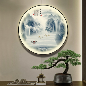 led灯带圆形装饰画新中式山水画入户玄关挂画走廊过道壁画风景画