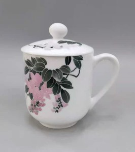 醴陵老瓷器湖南省陶瓷研究所90年代手绘紫藤花人*胜利杯玛瑙红