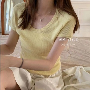 浅淡奶油黄色短袖冰丝针织T恤杭州四季青广州十三行女装高端上衣