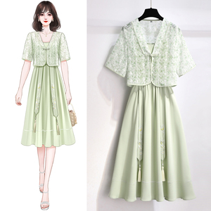 改良汉服连衣裙国风女装2024新款日常可穿绿色汉元素古风套装裙子