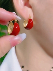 韩国轻奢18K金耳环女复古酒红色耳扣式小众设计独特百搭减龄耳饰