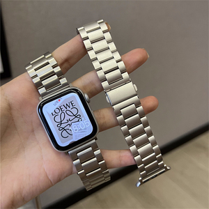 适用苹果iWatch手表表带三珠实心不锈钢AppleWatch表带夏金属男女