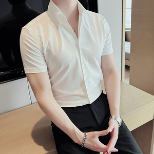 夏季男士衬衫短袖设计感小众韩版潮流修身帅气高级v领休闲白衬衣