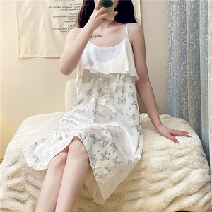 性感白色吊带冰丝睡裙女薄款夏季诱惑丝绸睡衣女夏甜美少女裙子