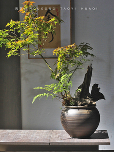 日式复古文艺粗陶手工景德镇陶瓷花瓶干支陶罐三件套摆件装饰品盆