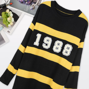 韩版时尚1988数字毛衣宽松针织衫女中长款圆领黑黄条纹百搭毛衣裙