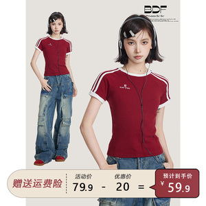 美式辣妹红色正肩短袖t恤女夏夏季短款修身紧身针织圆领插肩上衣