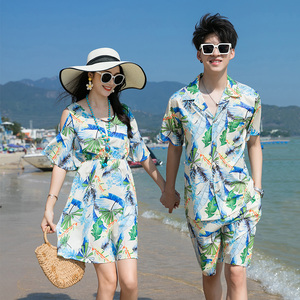 沙滩裙女情侣装夏装短袖t恤三亚旅游亲子装连衣裙海边度假套装