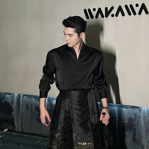 新中式国风男装V领衬衫男长袖高级感古装汉服黑色衬衣英伦雅痞风