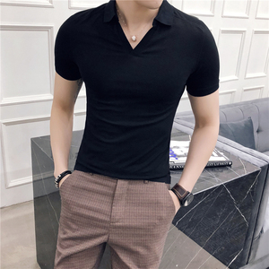 黑色v领T恤男短袖Polo男英伦雅痞男装夏装韩版潮流紧身上衣半袖衫
