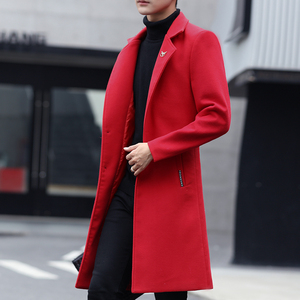 酒红色中长款风衣男潮牌春秋款毛呢外套英伦风戗驳领文职大衣男款