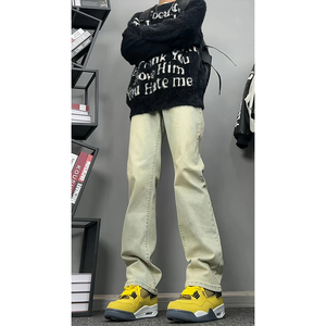 青少年裤子男初中生牛仔裤夏季泥黄色美式复古高街vibe直筒微喇裤