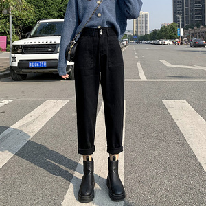 黑色牛仔裤女春秋2021年新款高腰显瘦直筒chic宽松哈伦萝卜老爹裤