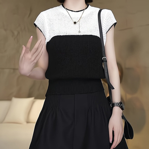 设计感韩系时尚黑白拼接女针织T恤夏季时尚范小众潮流镂空短上衣