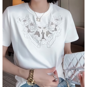 白色镂空蕾丝拼接短袖T恤女2024夏季韩版显瘦百搭圆领休闲上衣潮