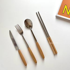 简约ins风圆柱木柄西餐具蛋糕叉筷子刀叉勺子不锈钢复古餐具套餐