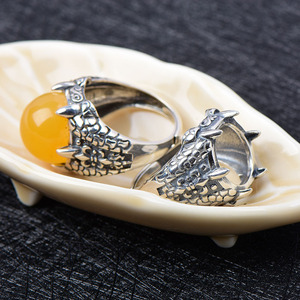 s925纯银戒指空托15*15圆形龙爪霸气男托龙鳞复古泰银活口戒托