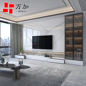 岩板悬空电视背景墙装饰现代简约瓷砖客厅大理石轻奢木格栅影视墙