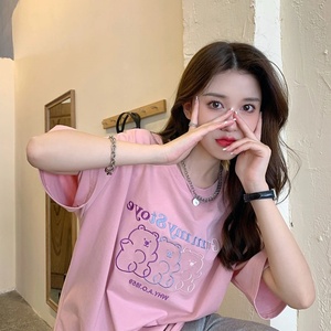 网红ins超火粉色小熊刺绣纯棉短袖t恤女夏季宽松新款2022chic上衣