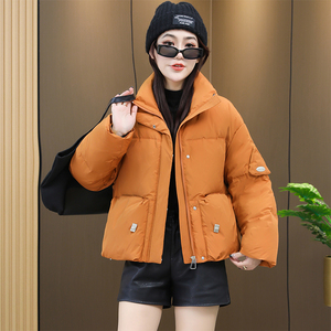 立领橘色轻薄羽绒服女短款2022冬季新款小个子时尚加厚面包服外套