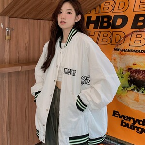 oversize刺绣白色棒球服外套女春秋薄款bf慵懒风休闲中长款上衣潮