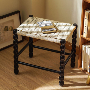 法式实木编织换鞋凳子家用门口复中古化梳妆沙发藤编小矮茶几边桌
