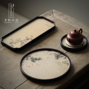素影 手工手绘国潮小型茶具托盘竹制壶承干泡茶台复古圆形茶壶垫