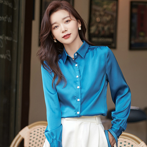 孔雀蓝衬衫女长袖2022新款气质修身方领职业缎面衬衣高端女士上衣