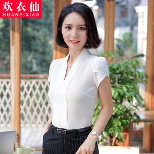 白色衬衫女v字领2018夏天新款职业装女装气质修身显瘦工作服正装