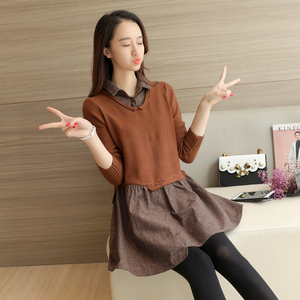 秋装女2021新款毛衣衬衣假两件套秋天上衣女套装秋冬打底连衣裙