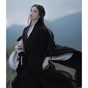 武侠魏晋风汉服古装女古风晋制黑色侠女直裾广袖流仙裙春秋款仙气