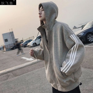 条纹织带装饰连帽开衫卫衣三条杠男士加棉加绒冬季美国潮牌戴帽子