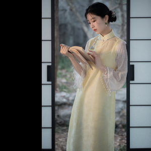 晓公子|春茶枝|中式复古民国风年轻少女气质假两件旗袍连衣裙q104