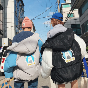 情侣嘻哈棉衣冬季新款男女街头拼色创意北极熊印花棉服加厚棉袄潮