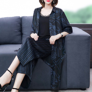 中老年大码女装妈妈夏装阔太太套装中长款开衫上衣阔腿裤两件套