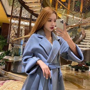 蓝得洋气 雾霾蓝水波纹双面羊绒大衣女长款过膝呢子外套欧版新款