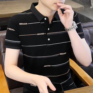 珠地丝光棉男士带领子polo衫2024夏季新款商务衬衫领条纹短袖t恤