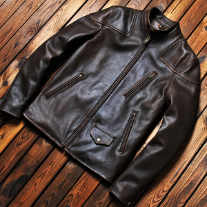 无涂层进口头层小牛皮毒液同款复古磨砂真皮皮衣男修身短款皮夹克