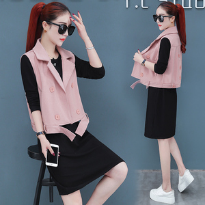 连衣裙套装女2021春季新款西装领马甲155小个子显高两件套裙子潮