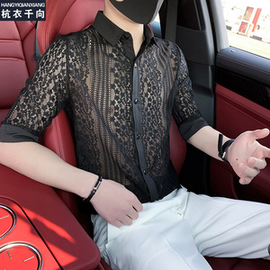 男士黑色衬衫夏季新款个性时尚镂空发型师小寸衫潮流修身短袖衬衣