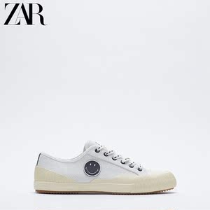zr zara 新款 女鞋学生帆布圆头白色笑脸图标补丁运动小白鞋板鞋