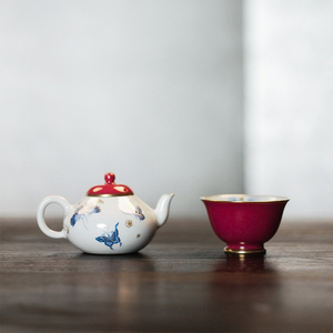 七月长 陶瓷茶壶主人杯 手绘青花蝴蝶茶杯梨型壶玫瑰红茶具华隐堂