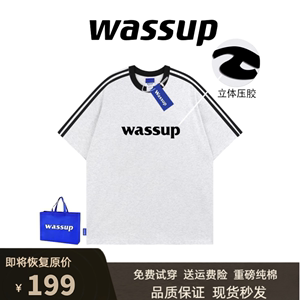 WASSUP三条杠圆领短袖男女夏季美式休闲款式T恤潮牌情侣纯棉上衣